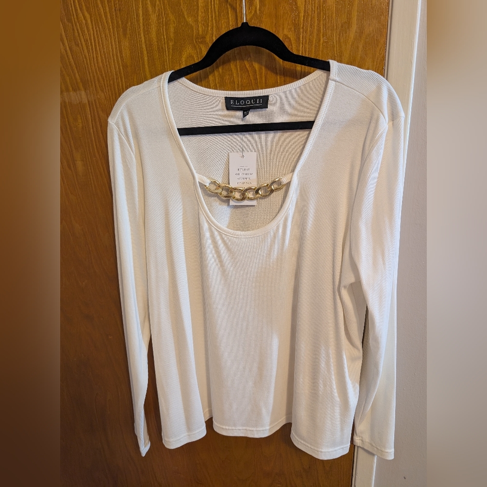 Eloquii 18/20 White Ribbed Long Sleeve Top With Chain